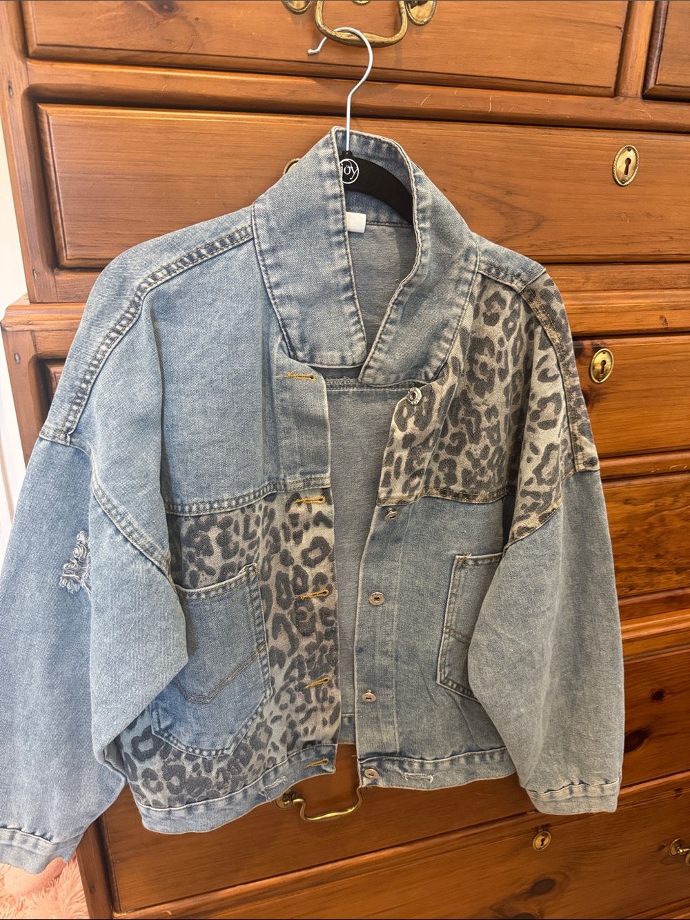 BEAUTIFUL Washed Blue Denim Jacket with Gray Leopard Panels